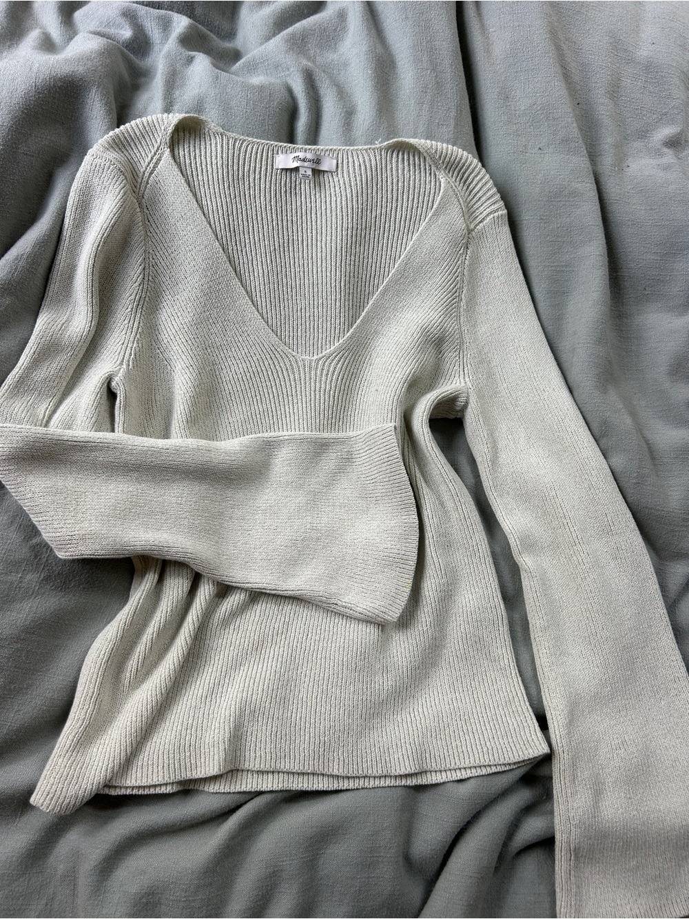Madewell Light Sage Green/Cream V-Neck Sweater